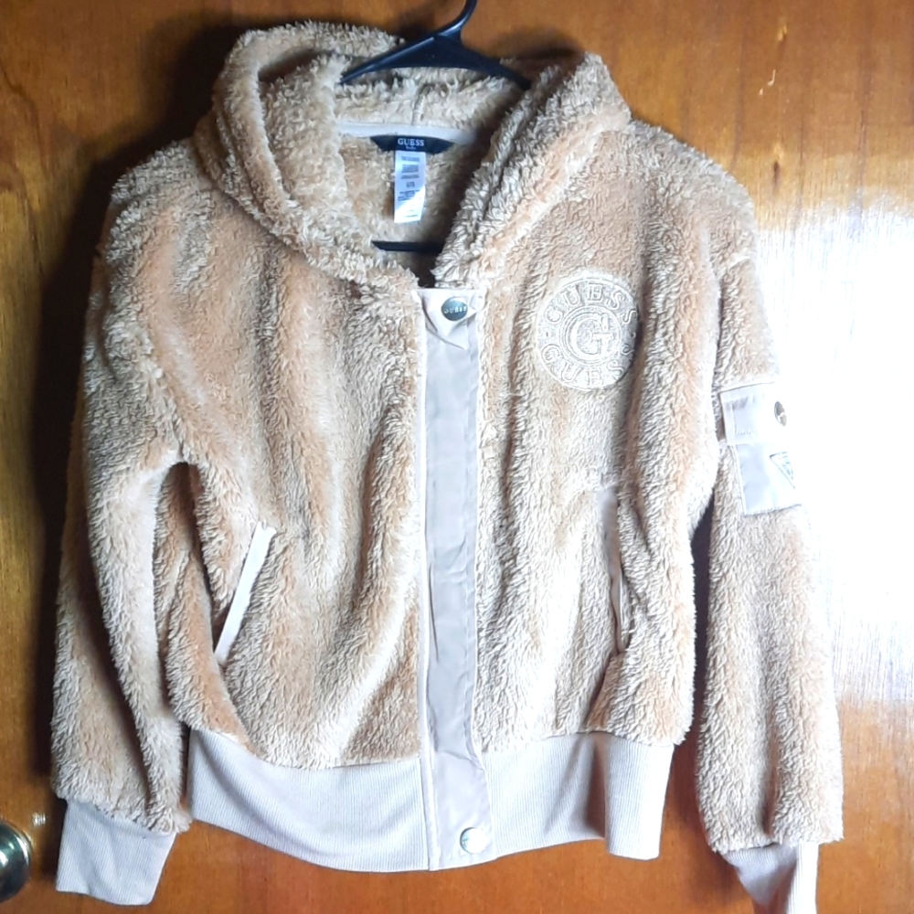 Guess Girls Hooded Jacket Size L 14 Brown Super Soft Zip and Snaps NEW with Tags